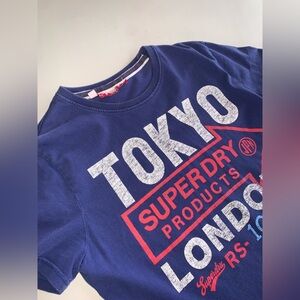 Superdry Navy Blue Red Tokyo London Distressed Cotton Graphic Tee T Shirt L
